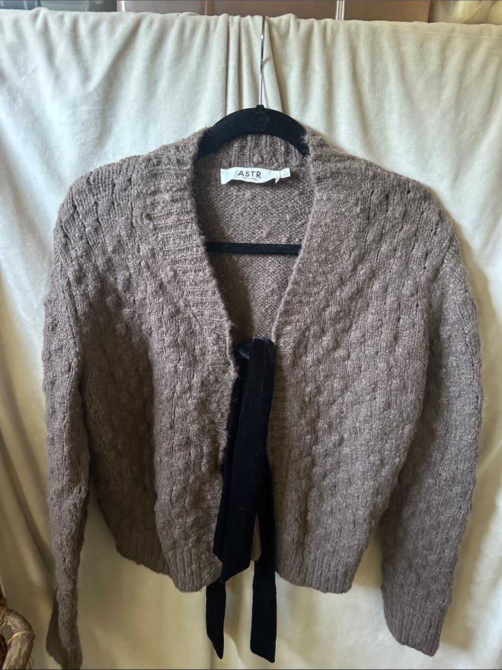 ASTR Taupe Brown Knit Cardigan with Black Tie